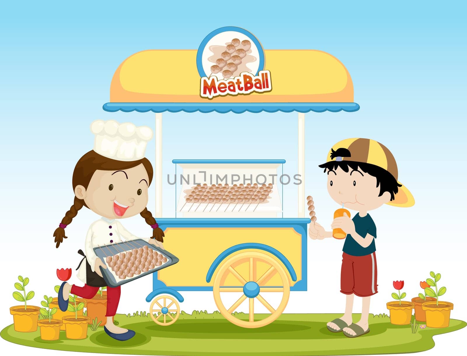 Illustration of kids selling food