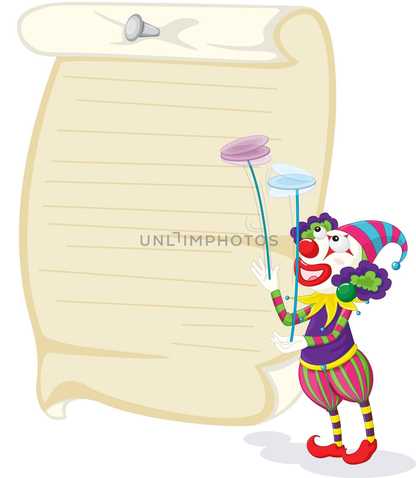 Illustration of a clown in front of paper