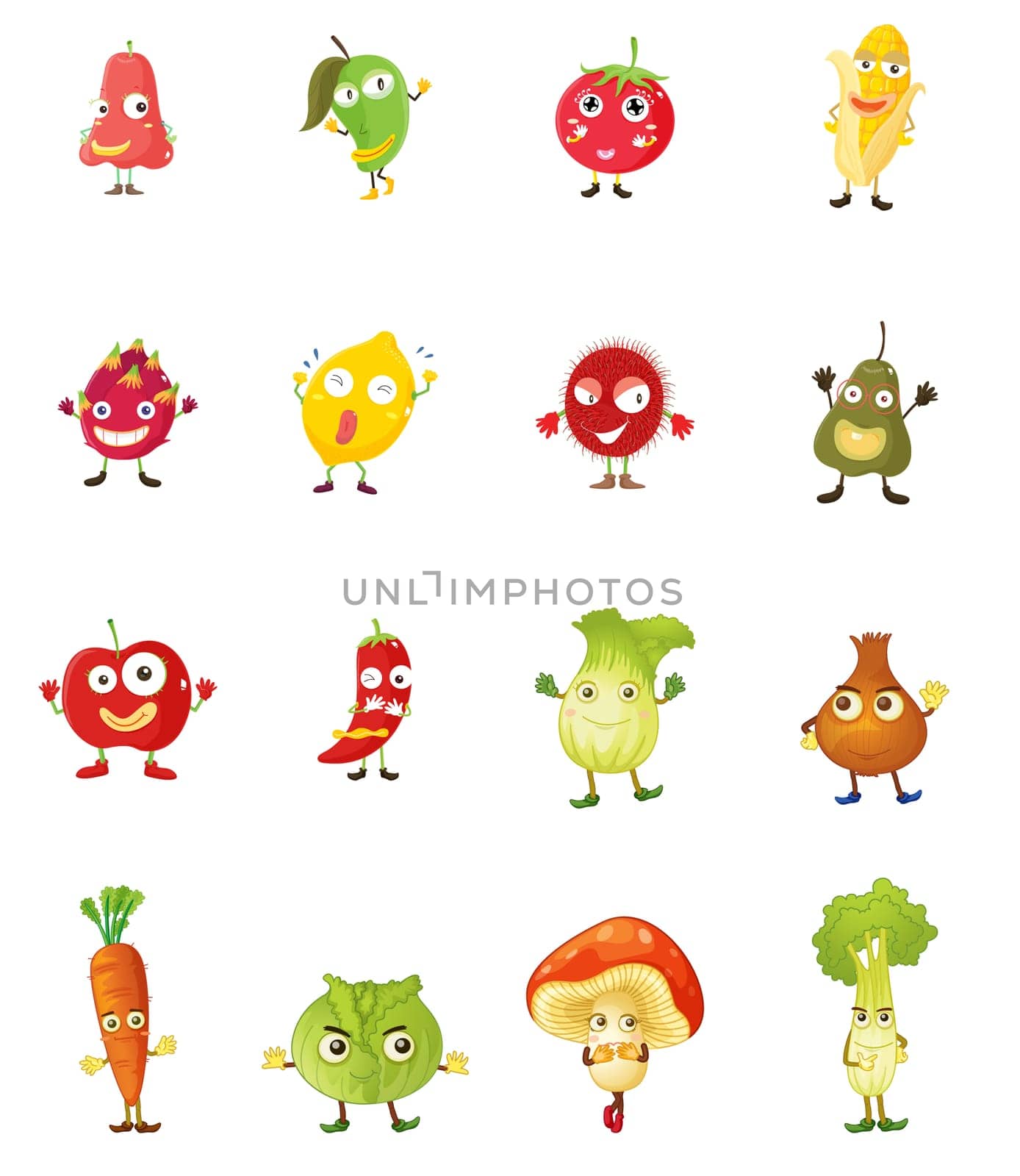 mixed fruit faces illustrations on white
