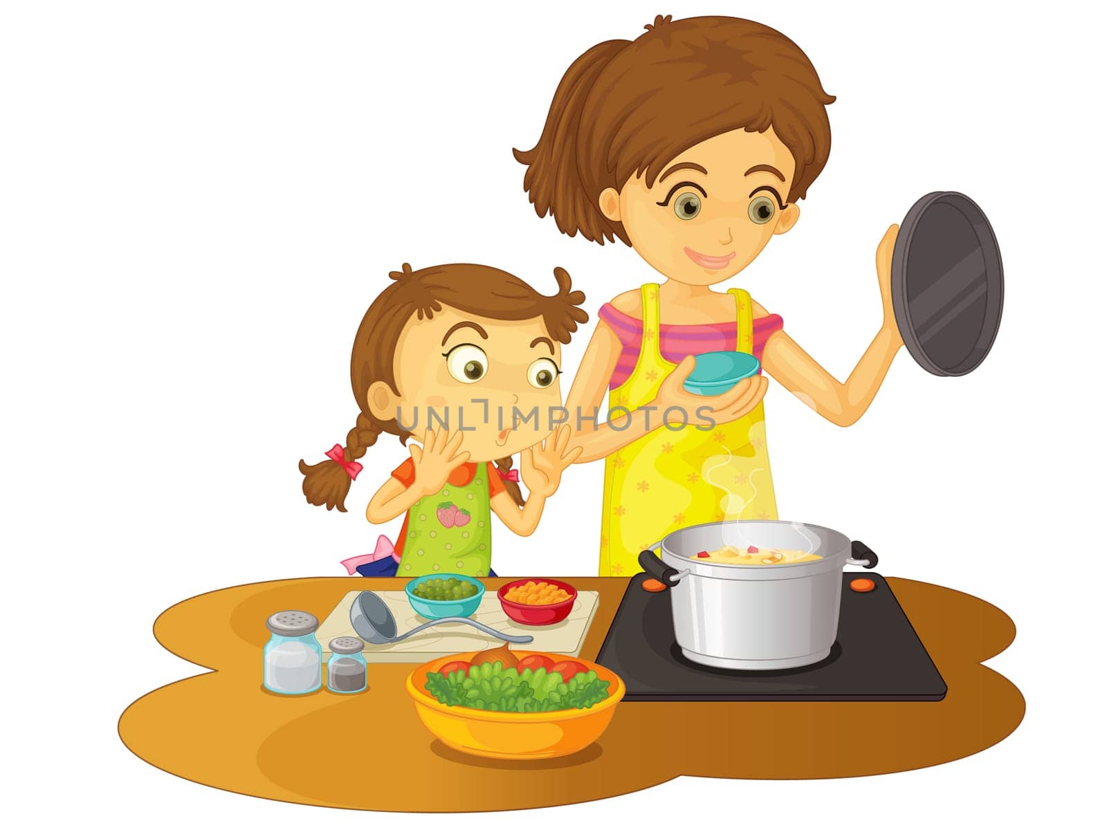 Illustration of mother cooking with daughter