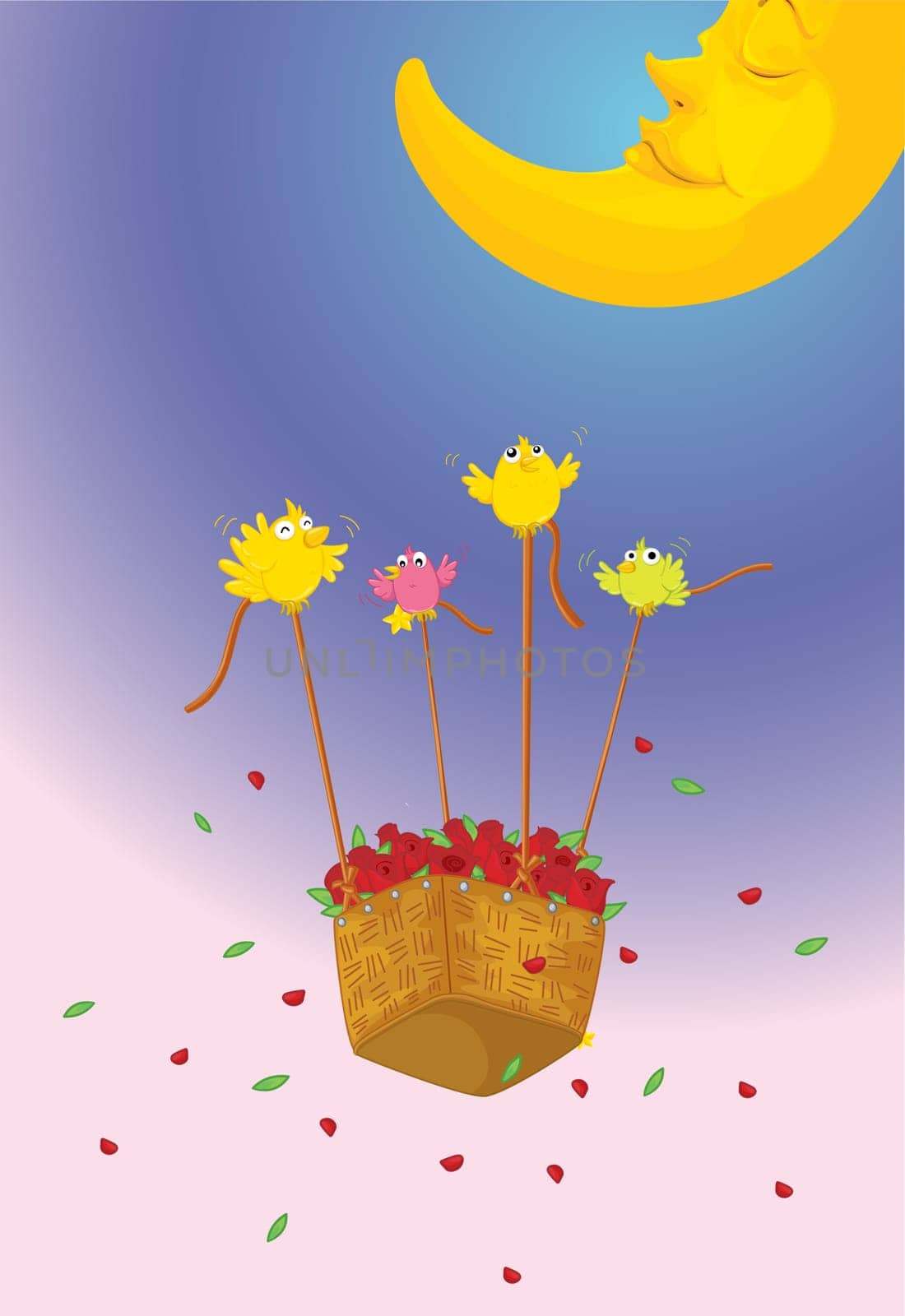 Illustration of birds lifting basket of flowers