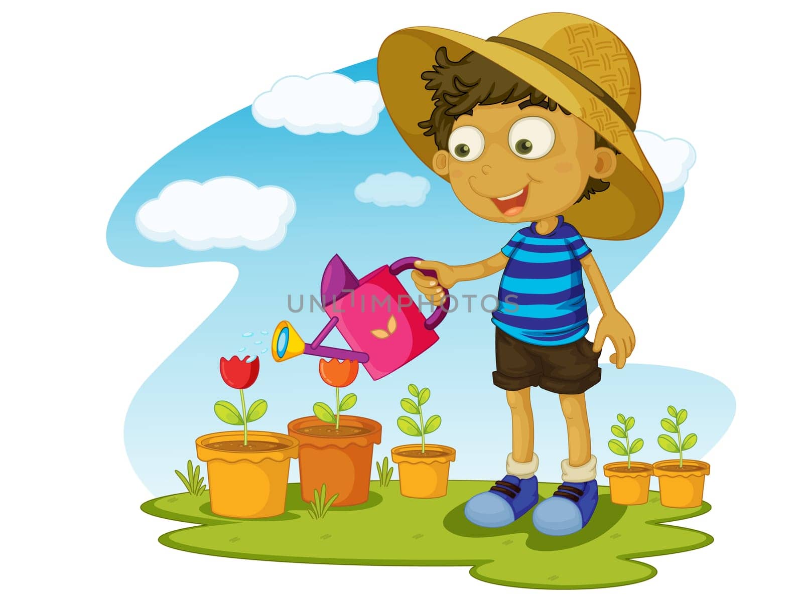 Illustration of kid gardening with water