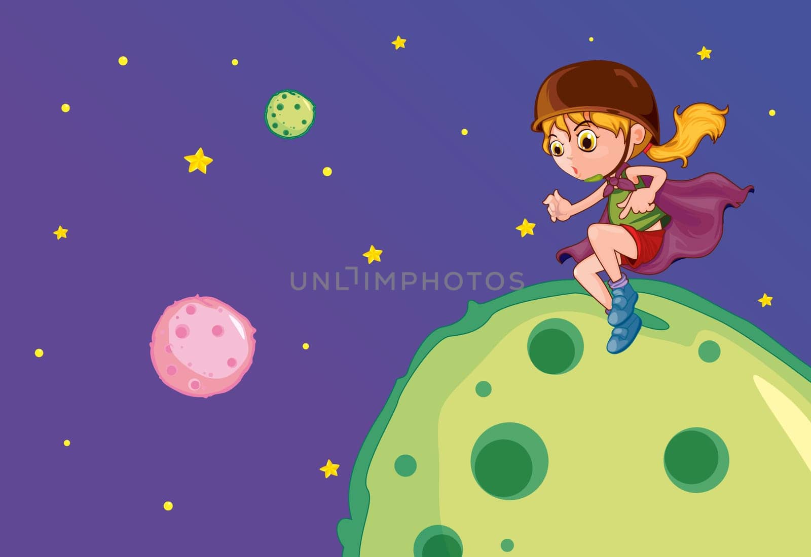 Illustration of flying girl on the moon