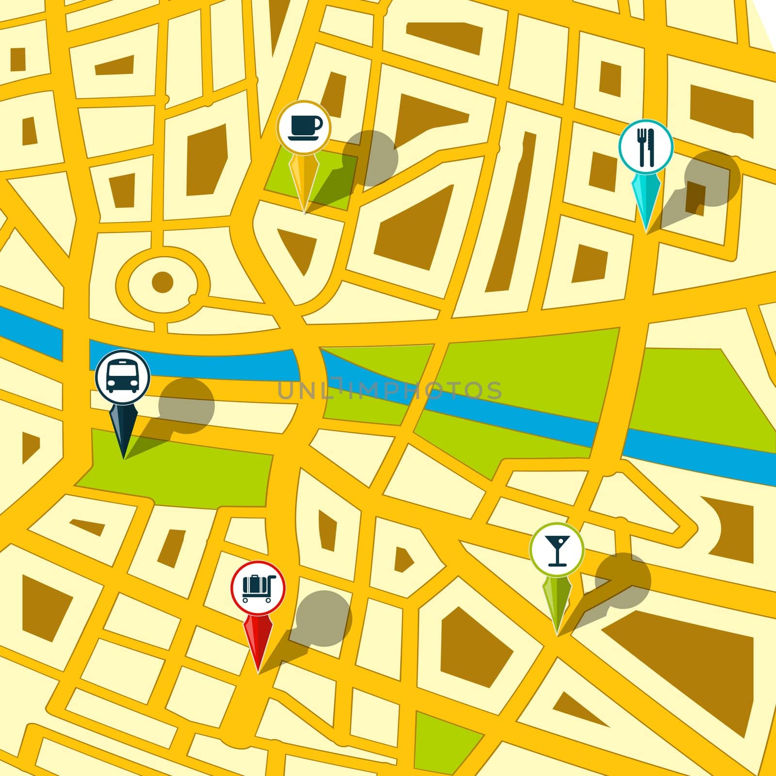 Illustration of a generic street map with indication icons.