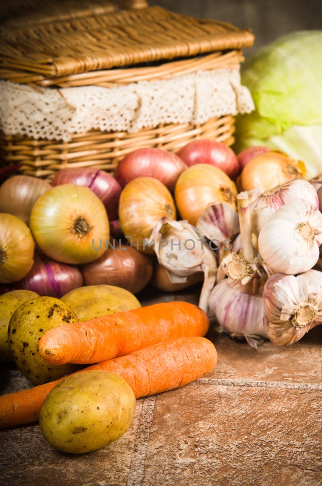still life with vegetables and a basket