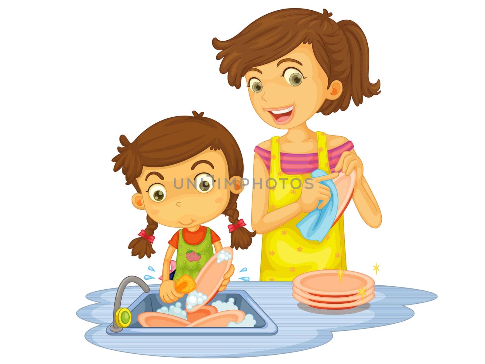 Illustration of mother and daughter washing dishes
