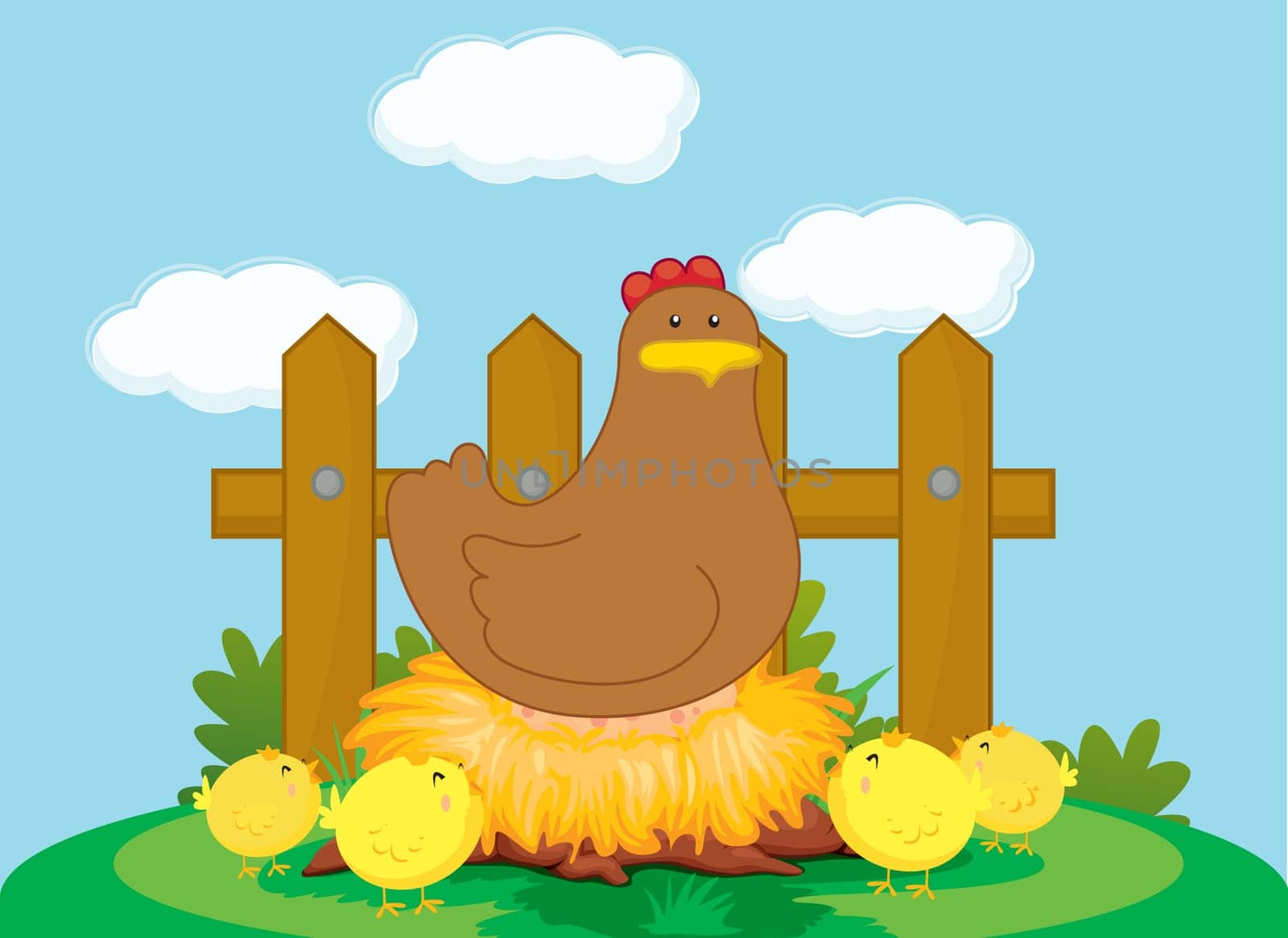 Illustration of a chicken and chicks