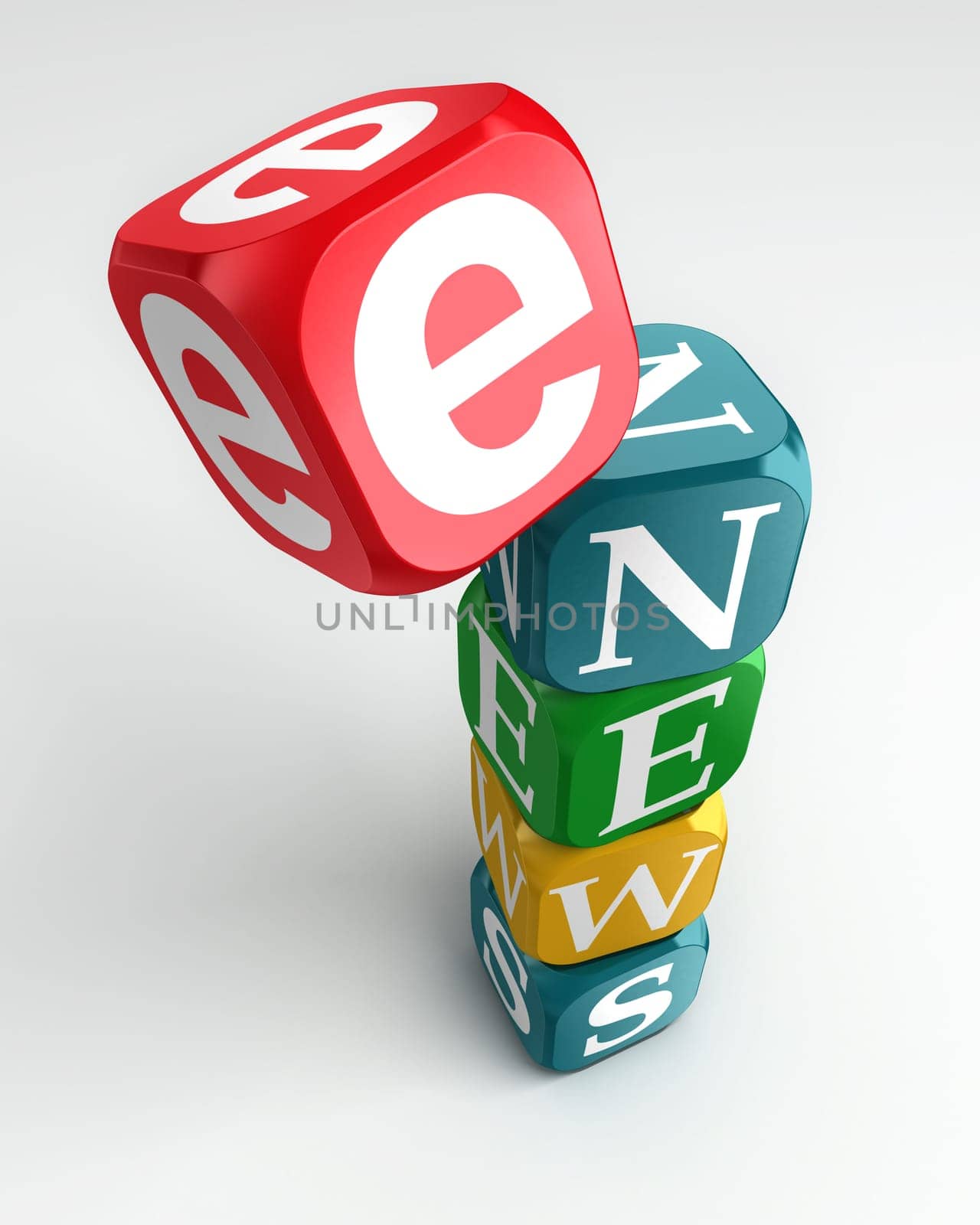 e news sign 3d colorful box tower on white background