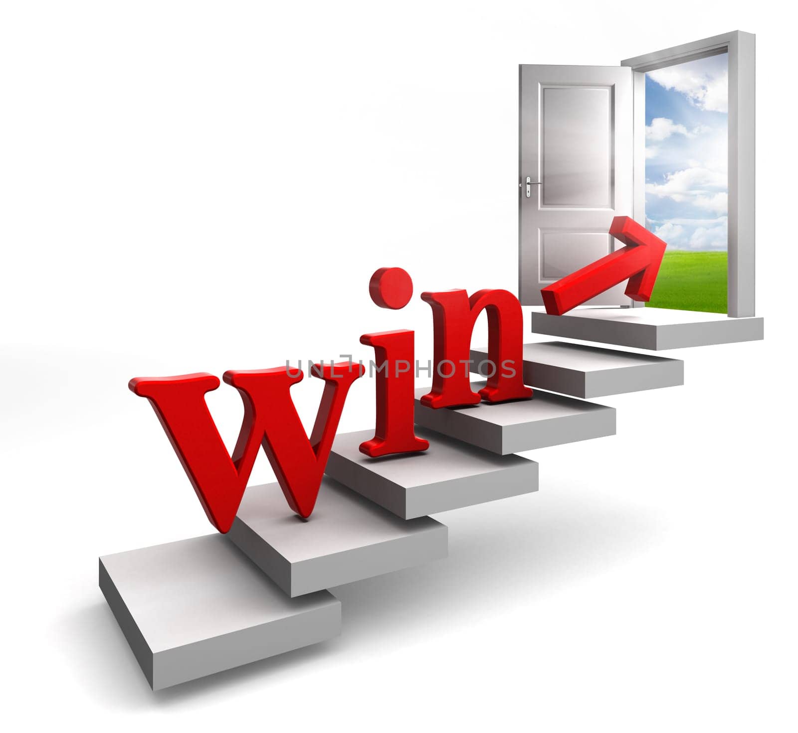 win red word and arrow on stair up to open conceptual door with view to sky and field on white background