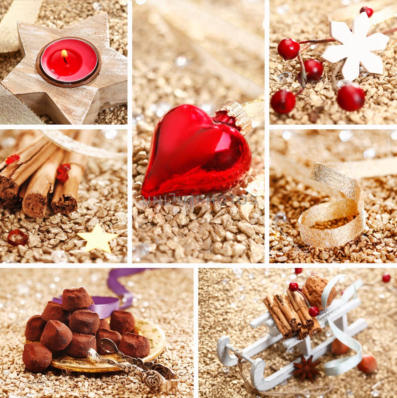 Decorative Christmas collage with spices, decorations, handmade chocolates and a red heart on a textured golden background for your greeting card or invitation