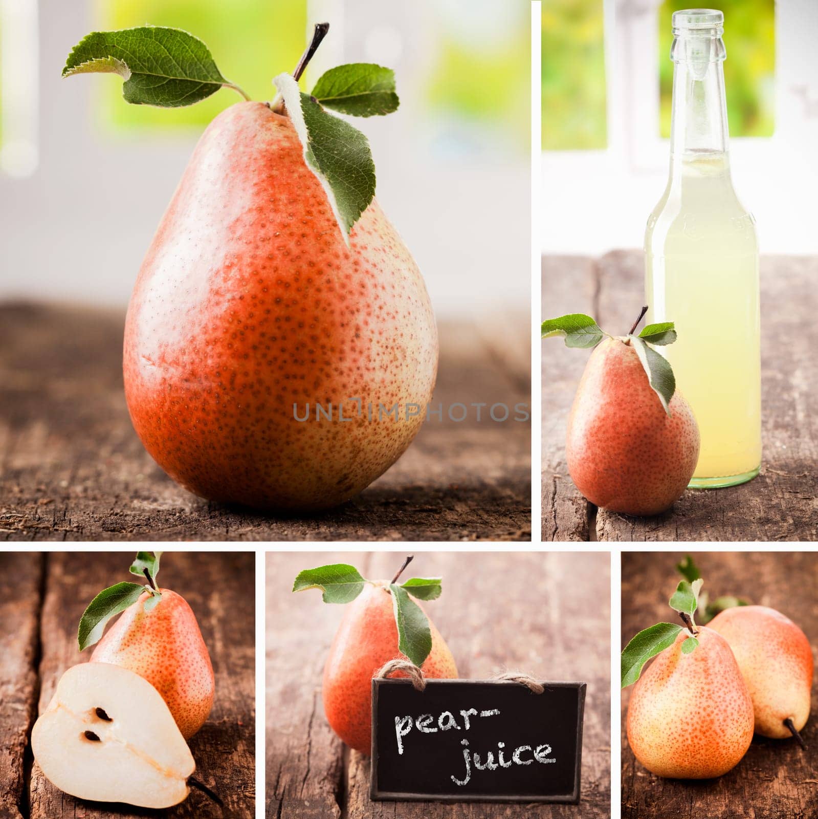 Collage of fresh pears with whole fruit, cut and halved, and freshly squeezed bottled pear juice on a weathered rough textured wooden table