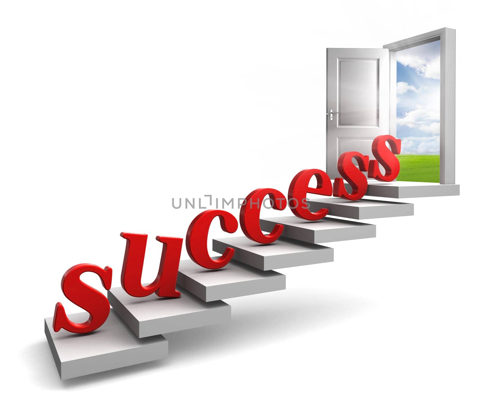success red 3d letters up stairs to door with view to field and sky on white background