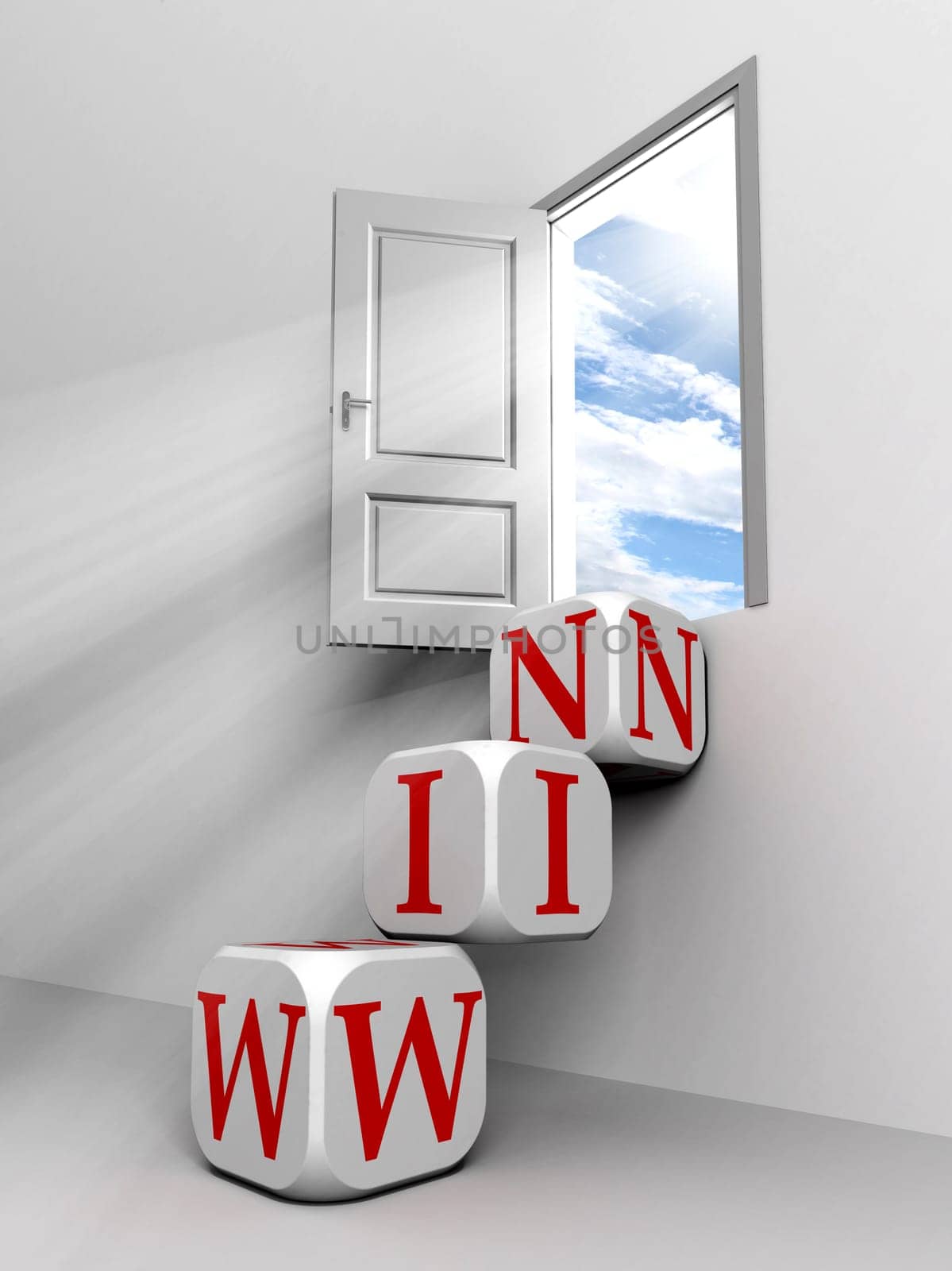 win conceptual door with sky and box red word  ladder in white room metaphor