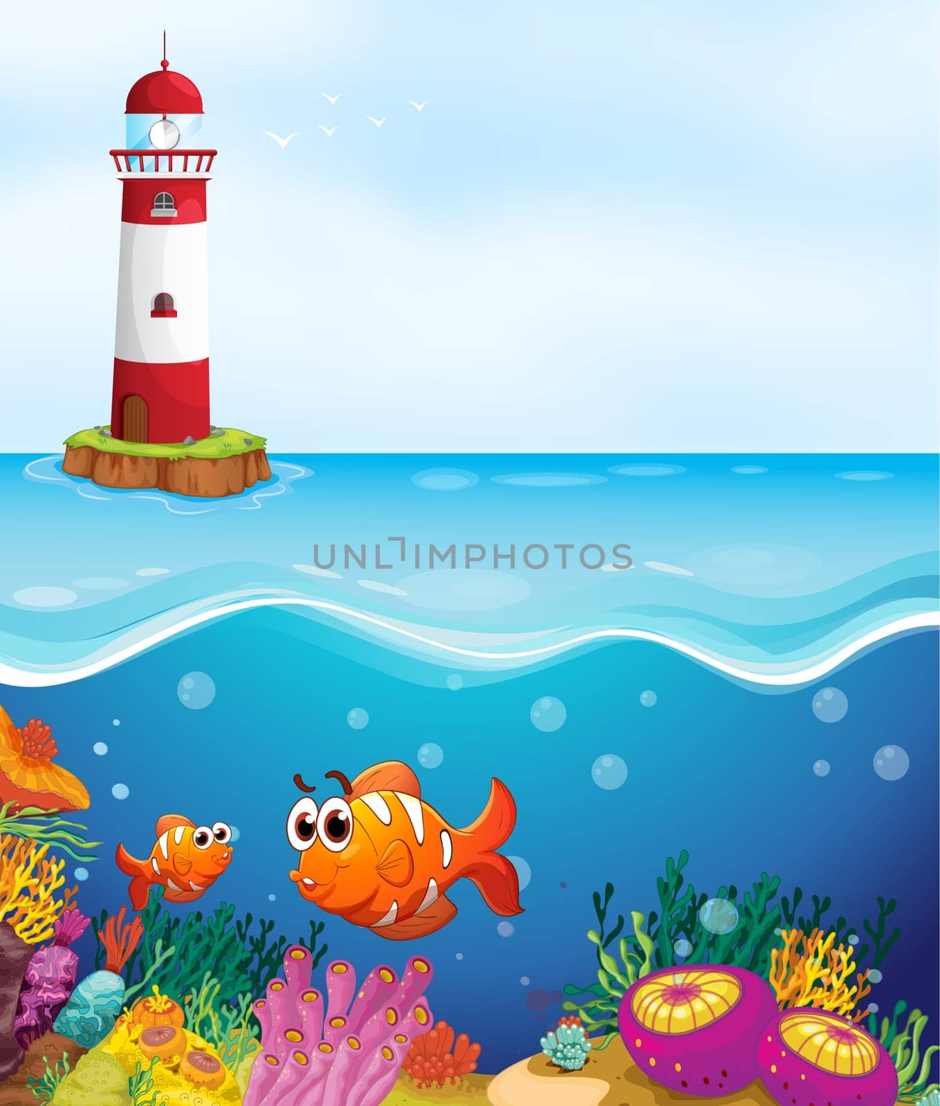 illustratio of a light house, fishes and coral in sea