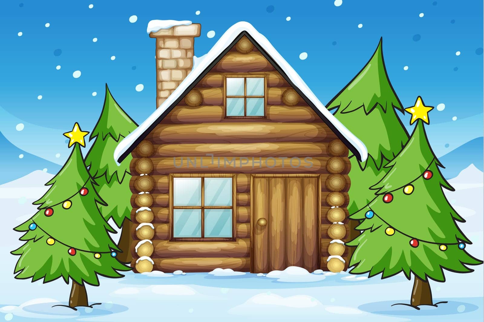 illustration of a wooden house in snowy land