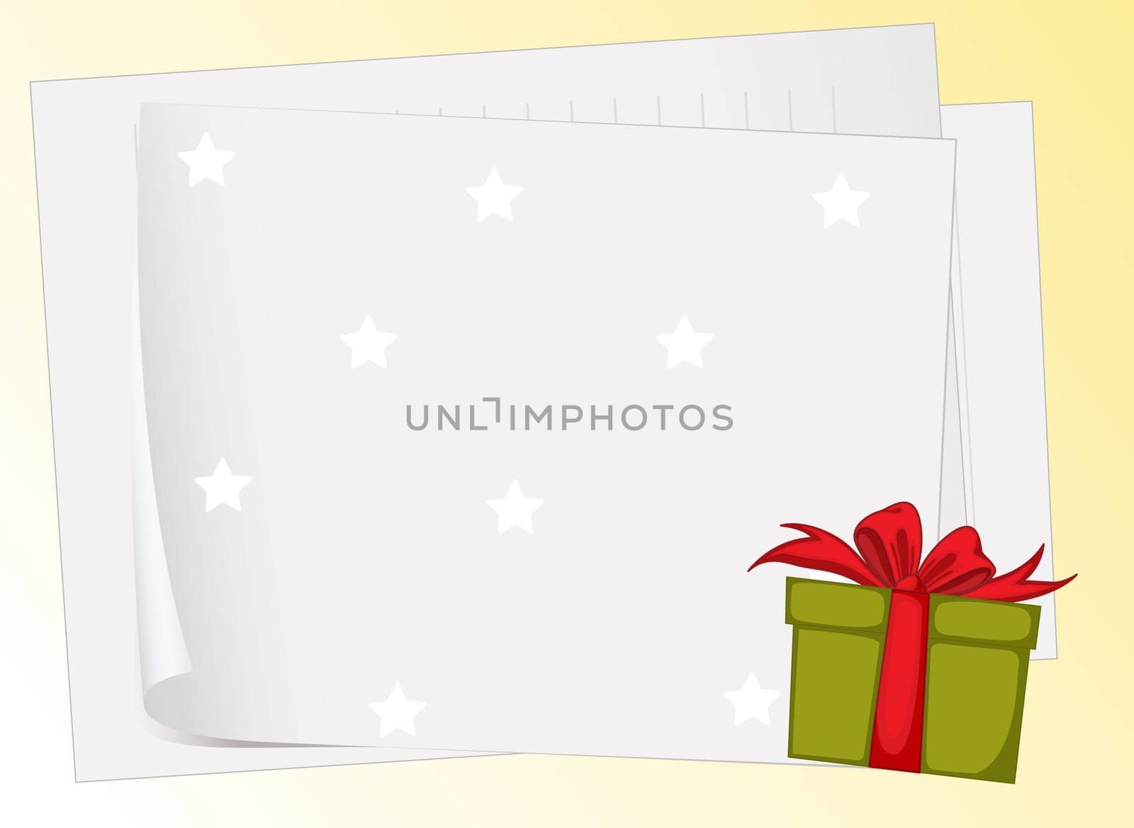 illustration of paper sheets and gift box on a yellow background