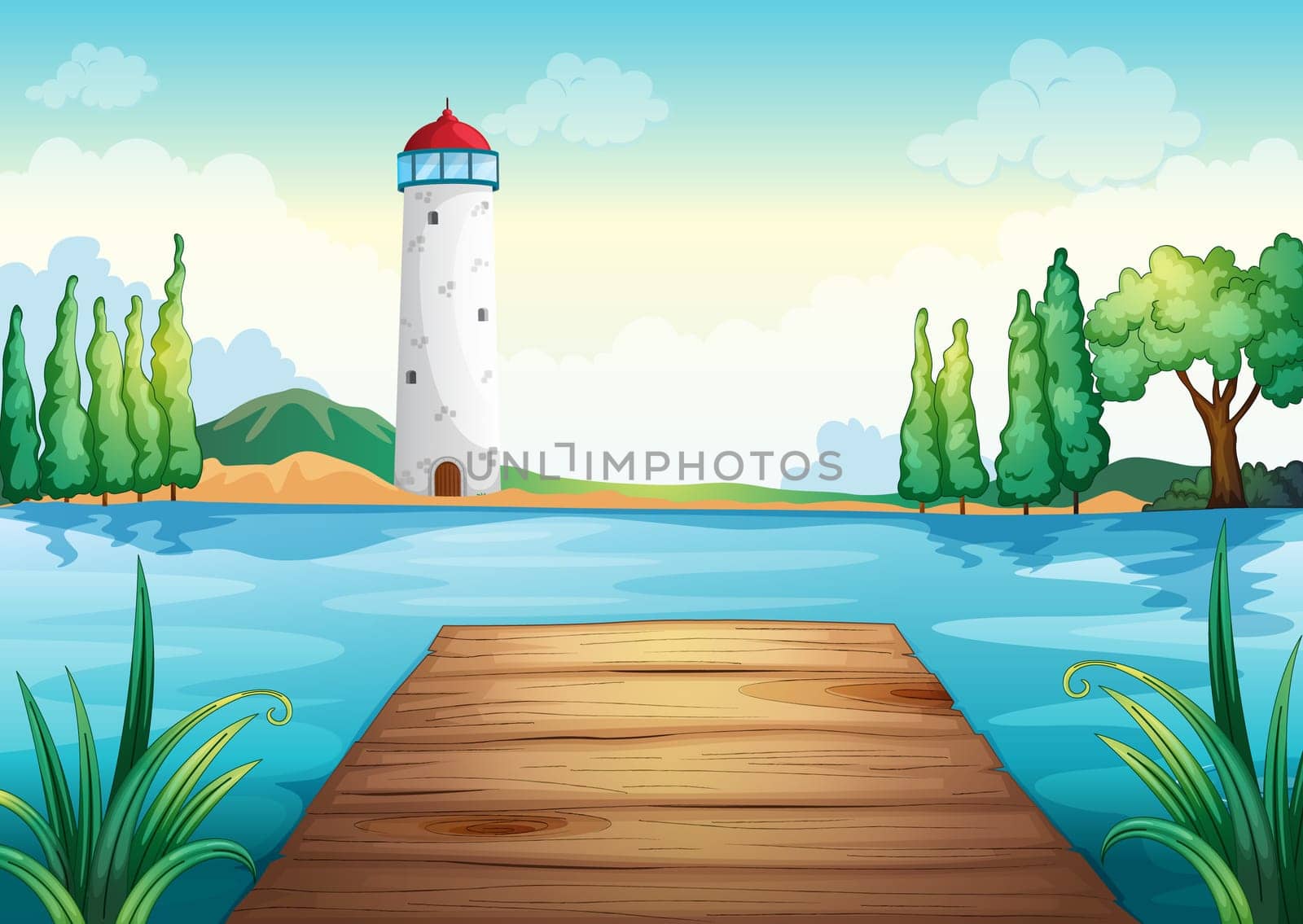 illustration of a light house and wooden bench