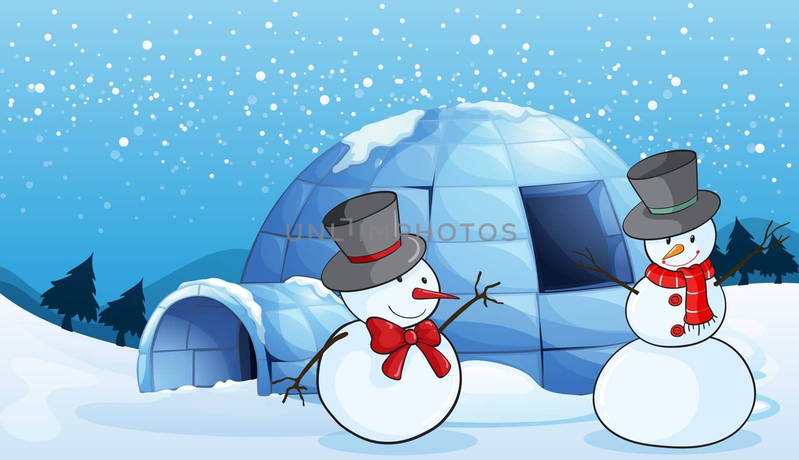 illustration of an igloo and snowmen in nature