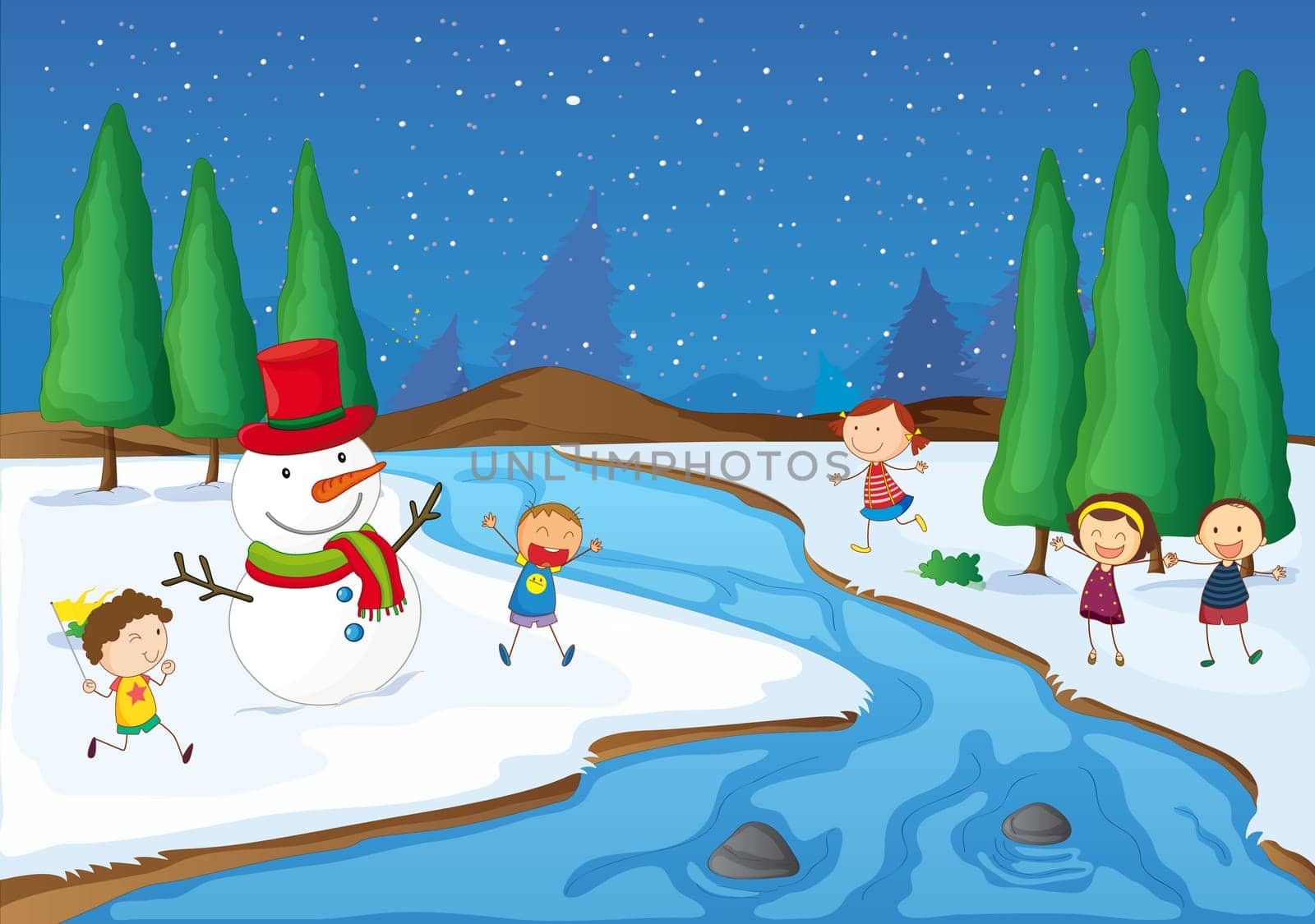 illustration of kids and a snowman playing near a river