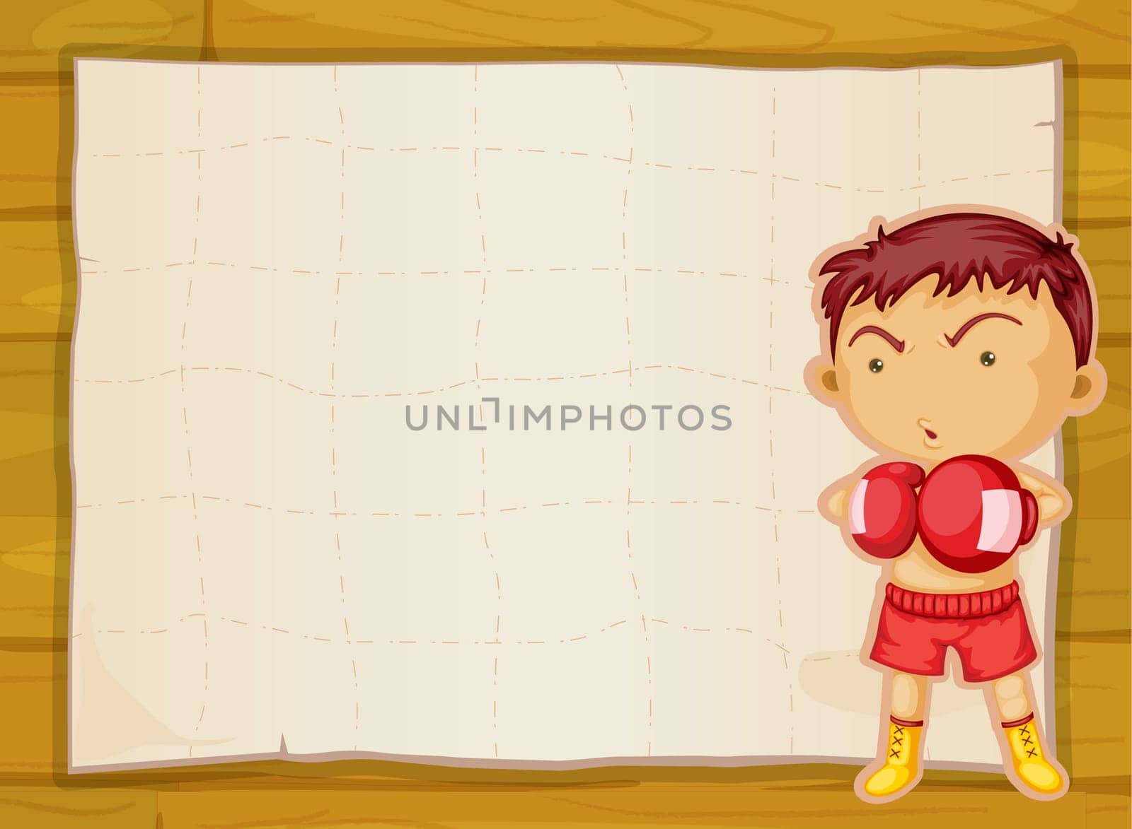 illustration of paper and boxer boy on wooden background