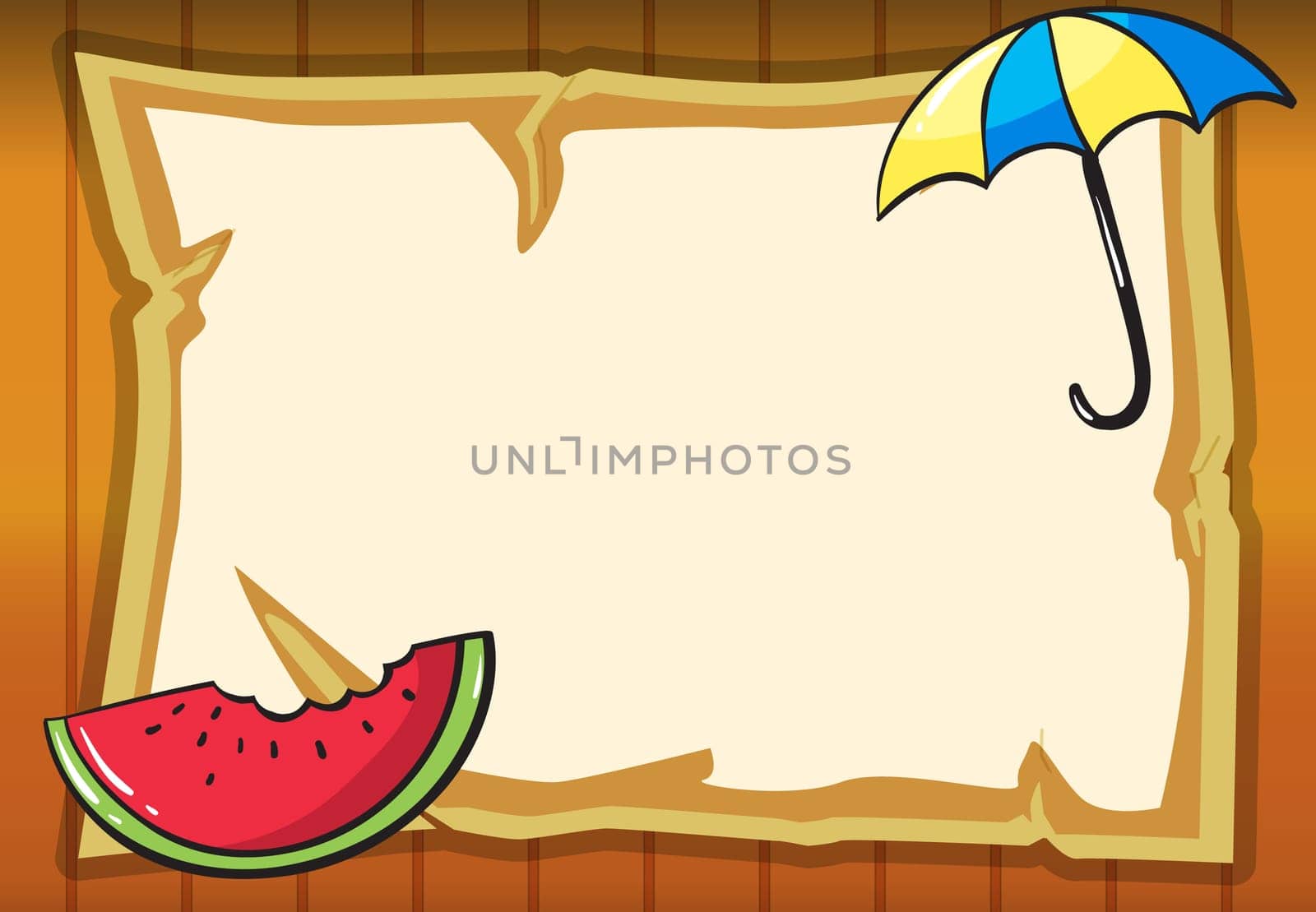 illustration of paper, watermelon slice and umbrella