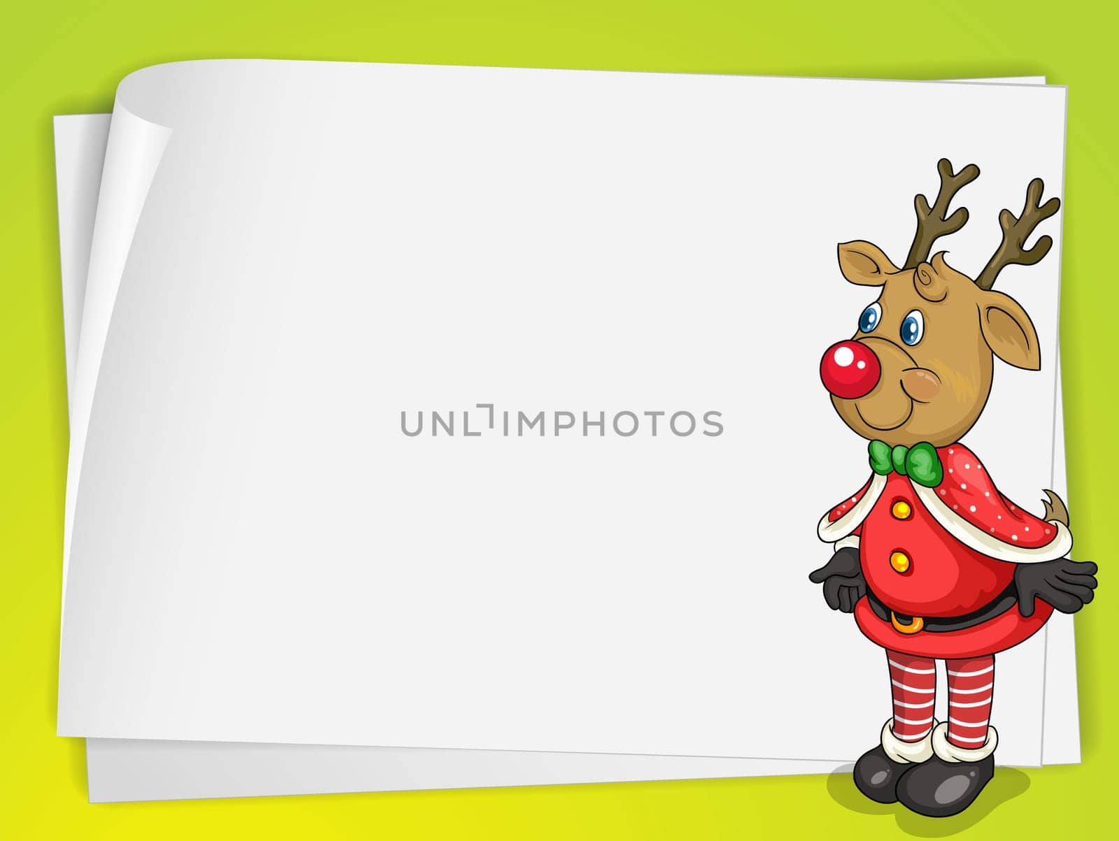 illustration of a paper sheets and a reindeer on a fluorescent background