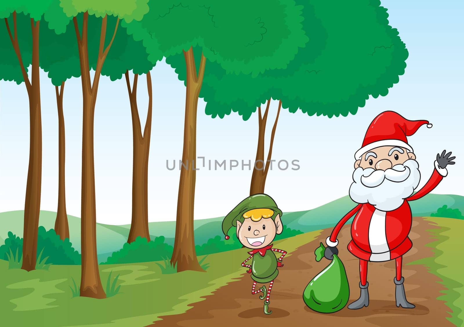 illustration of a  boy and a santa claus in a beautiful nature