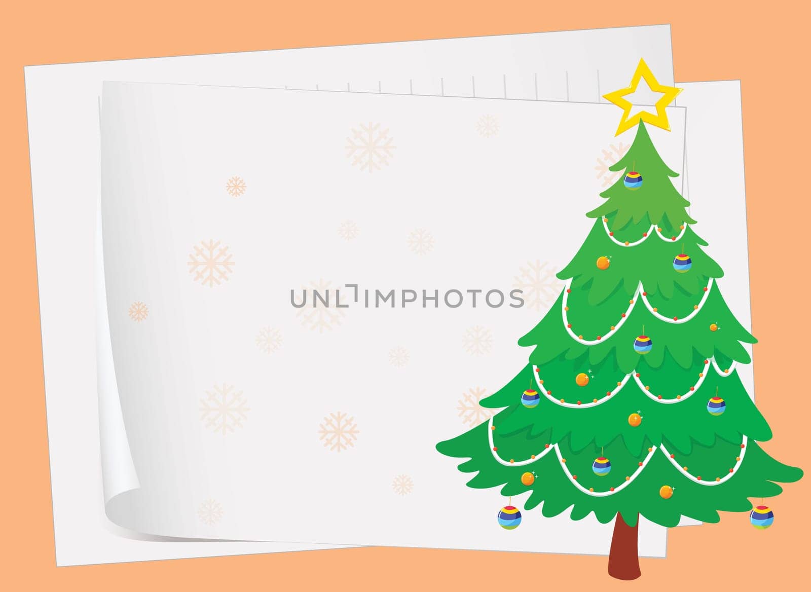 illustration of paper sheets and a christmas tree on a color background