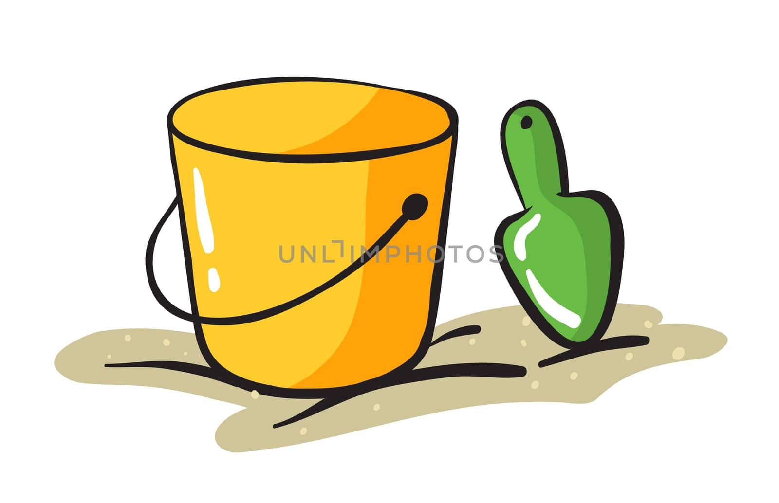 illustration of yellow bucket and scraper on a white background