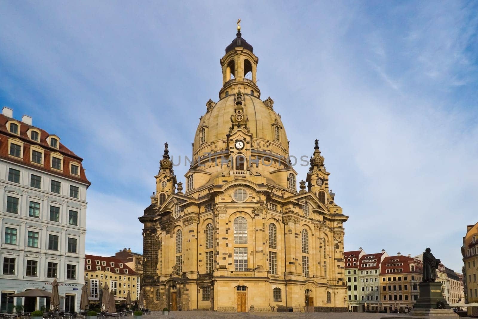 The rebuilt Dresdner Frauenkirche (Church of Our Lady) in the oldtown with a nice background having some light clouds and blue sky
