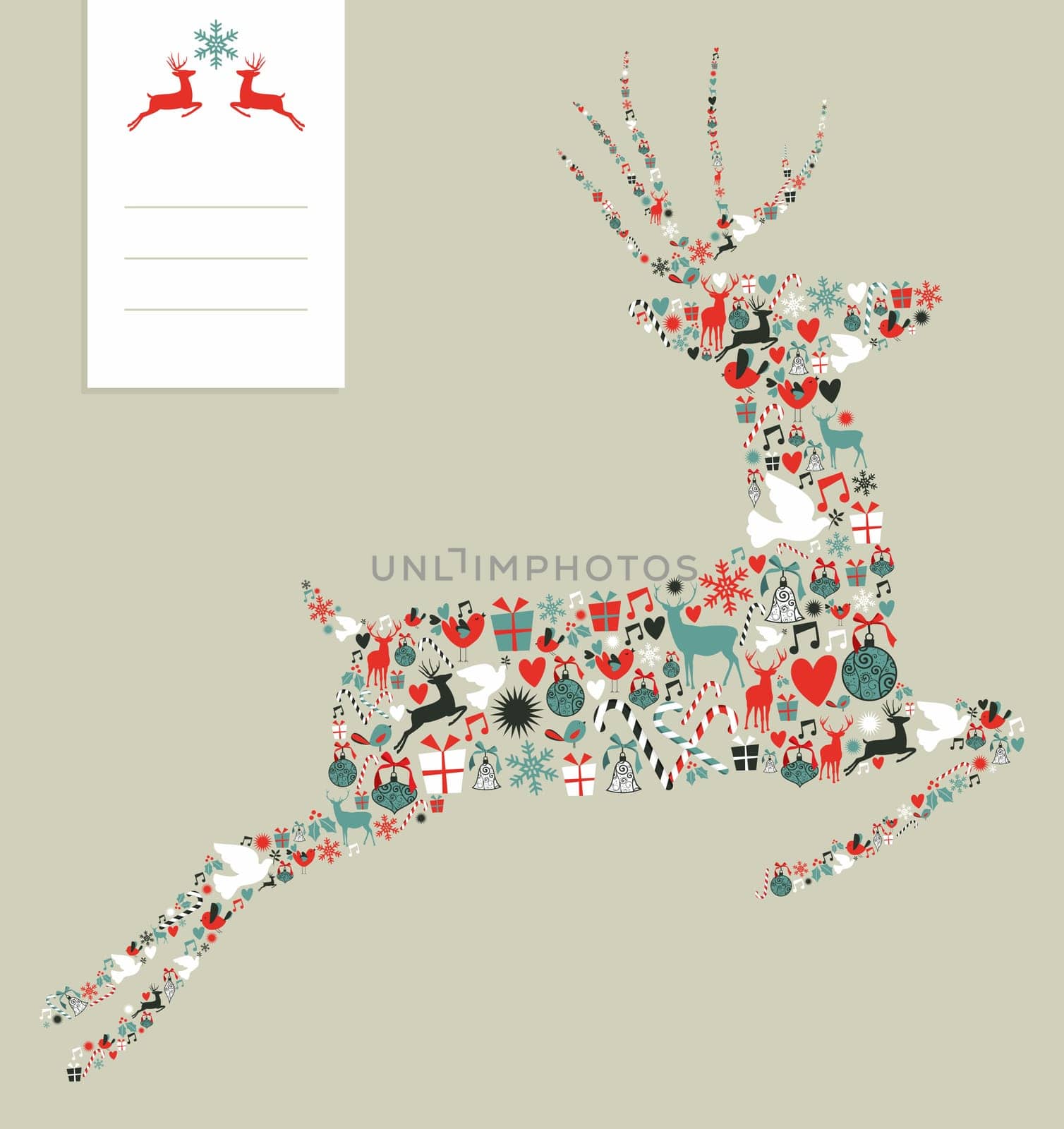 Christmas icons set in jumping deer greeting card background. Vector illustration layered for easy manipulation and custom coloring.