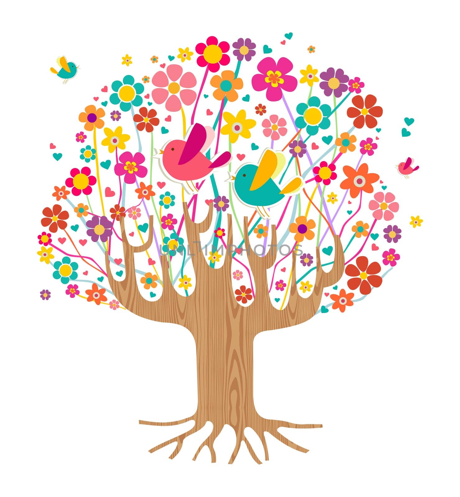 Isolated spring time tree illustration with wooden trunk. Vector file layered for easy manipulation and custom coloring.