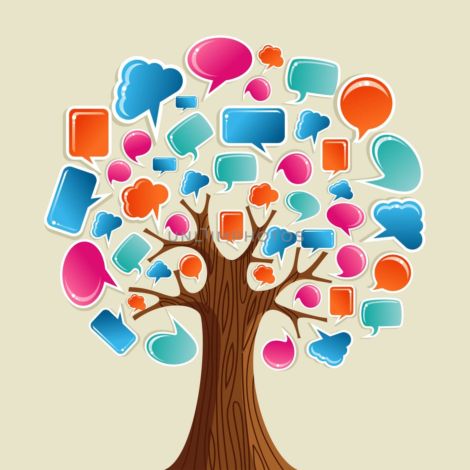 Social network tree with glossy speech bubbles leaves. Vector illustration layered for easy manipulation and custom coloring.