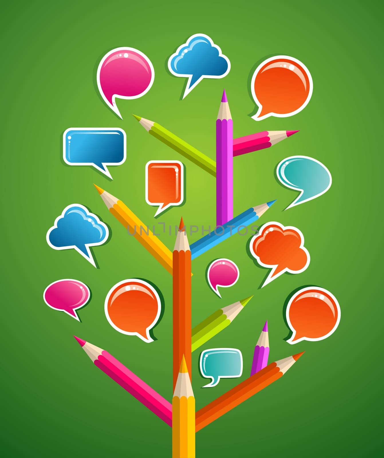 Education Social network tree with pencils as branchs and speech bubbles leaves. Vector illustration layered for easy manipulation and custom coloring.