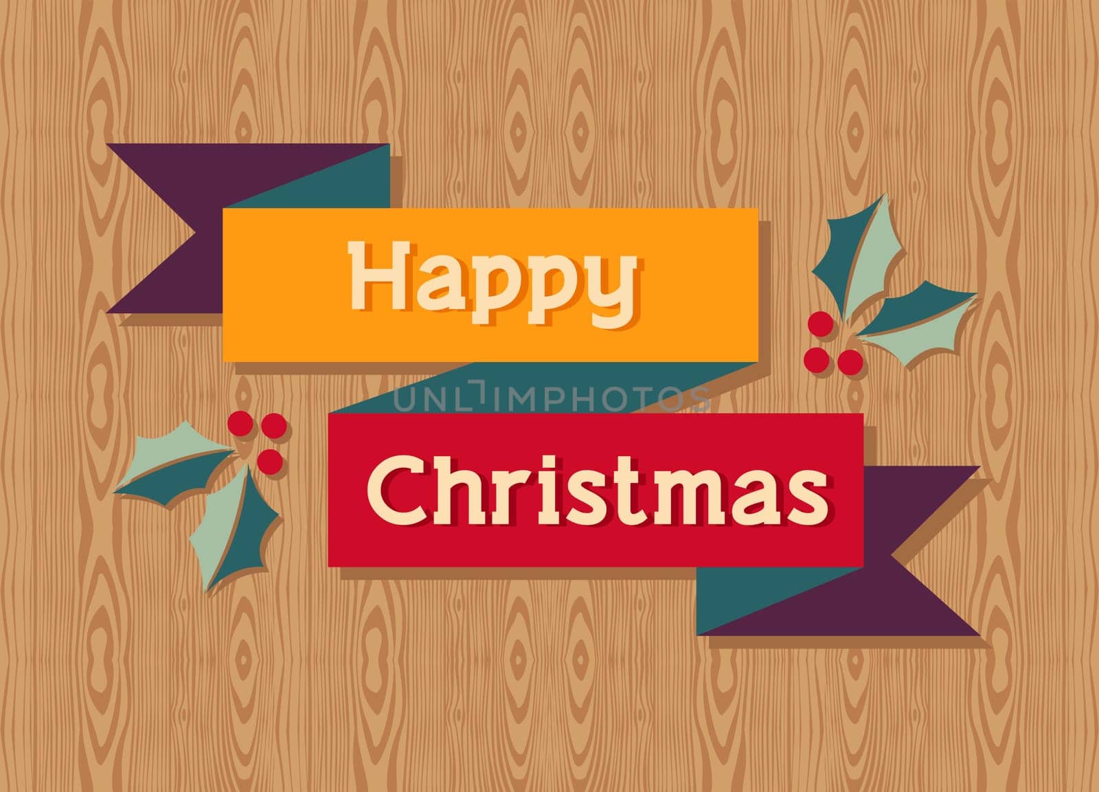 Happy Christmas with mistletoe over wooden background. Vector illustration layered for easy manipulation and custom coloring.