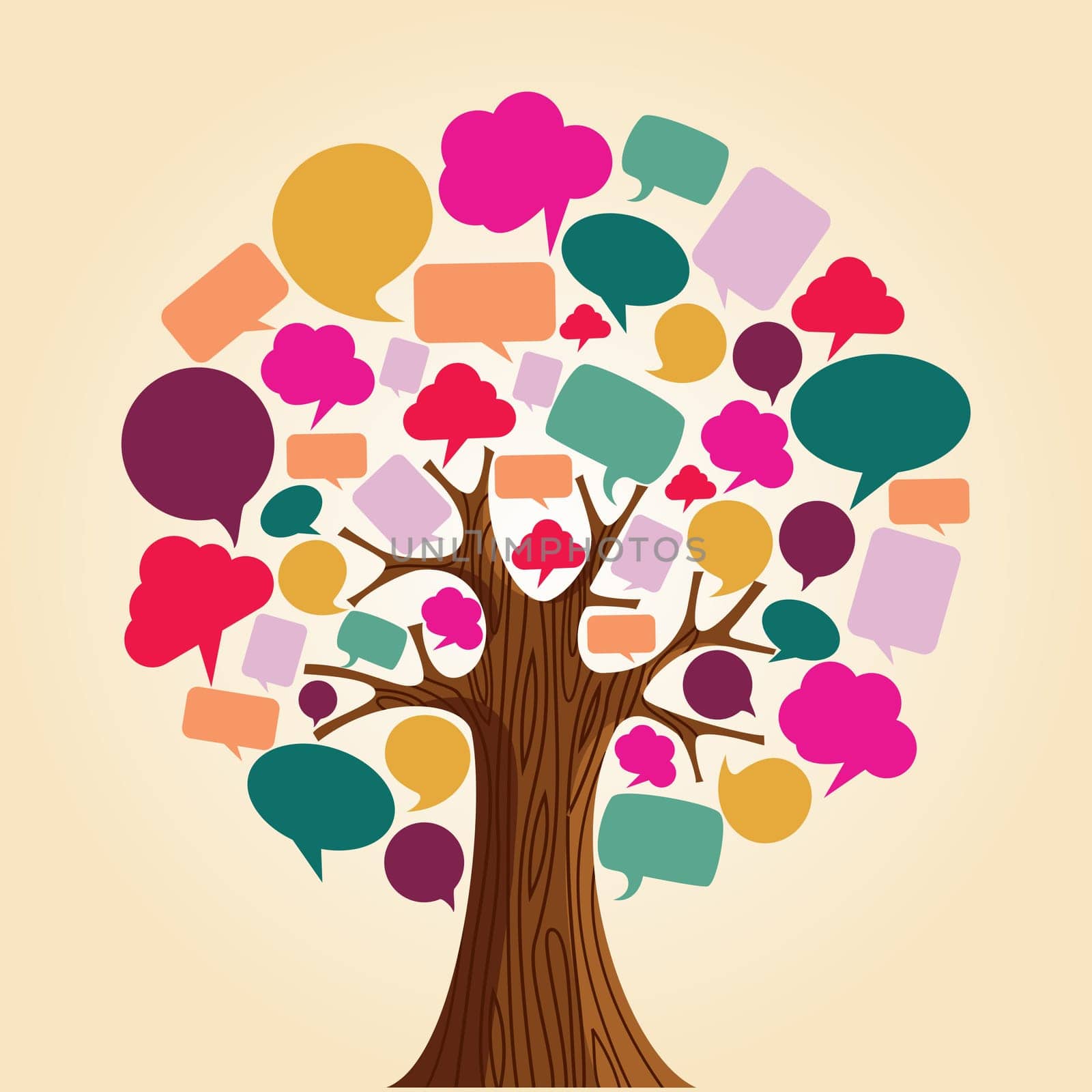 Social network tree with speech bubbles leaves. Vector illustration layered for easy manipulation and custom coloring.