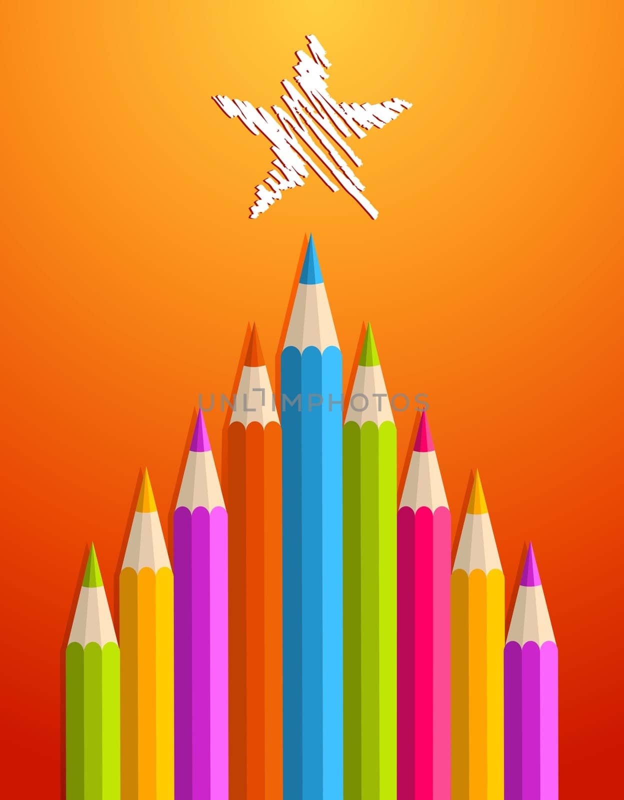 Multi colored art pencils in Christmas pine tree greeting card. Vector illustration layered for easy manipulation and custom coloring.