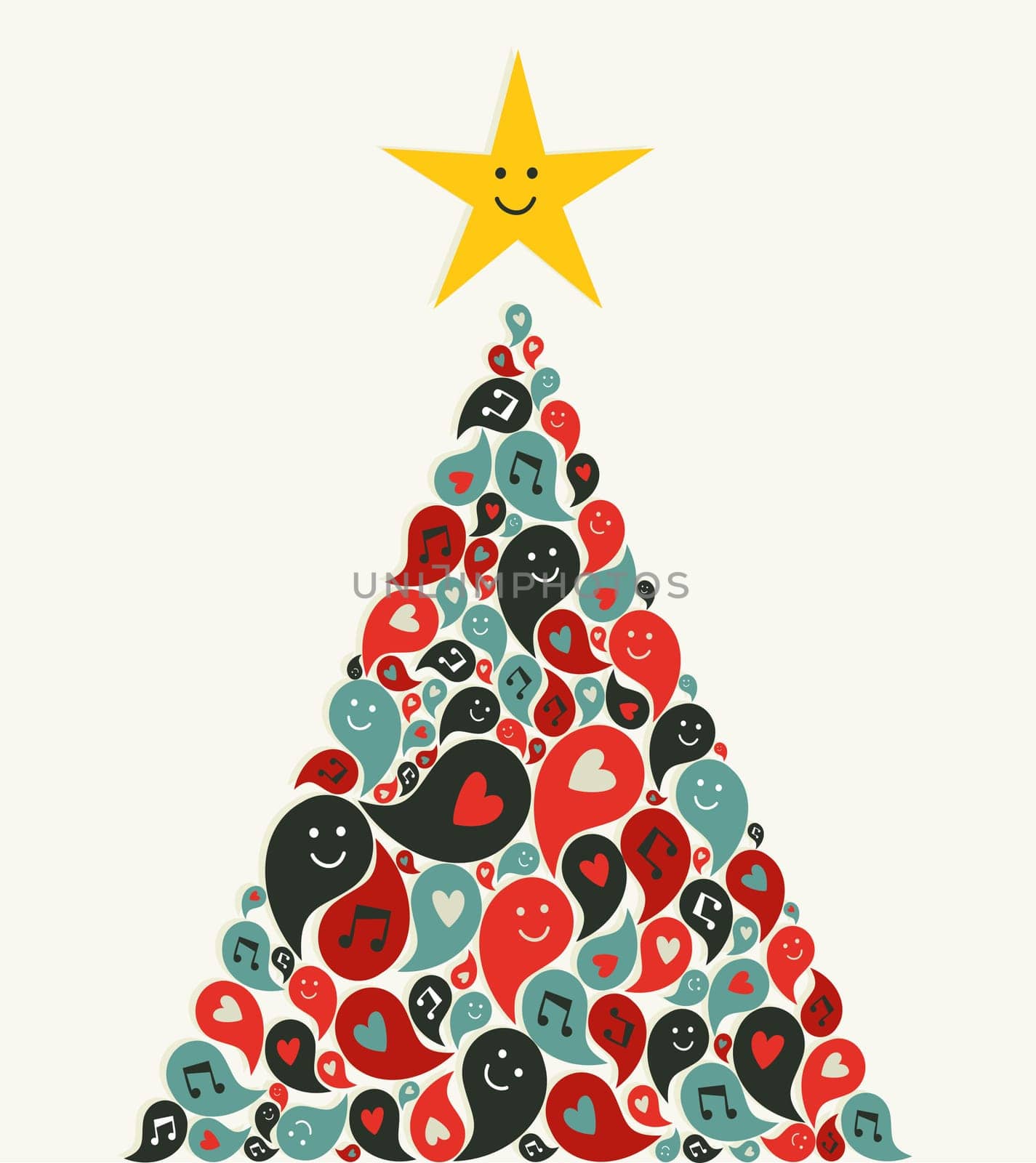 Social speech bubbles with Multimedia icons in Christmas pine tree. Vector illustration layered for easy manipulation and custom coloring.