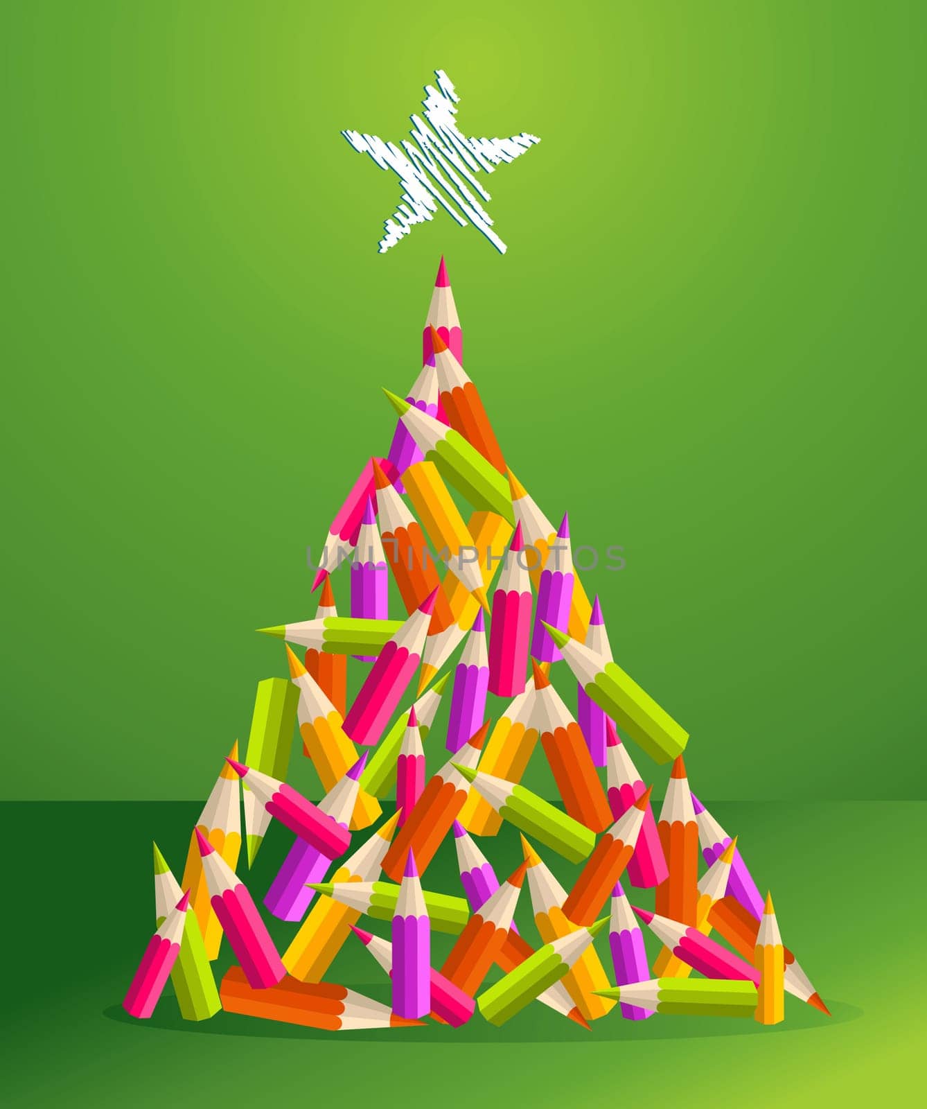 Design and art education pencils in vibrant colors Christmas pine tree greeting card. Vector illustration layered for easy manipulation and custom coloring.