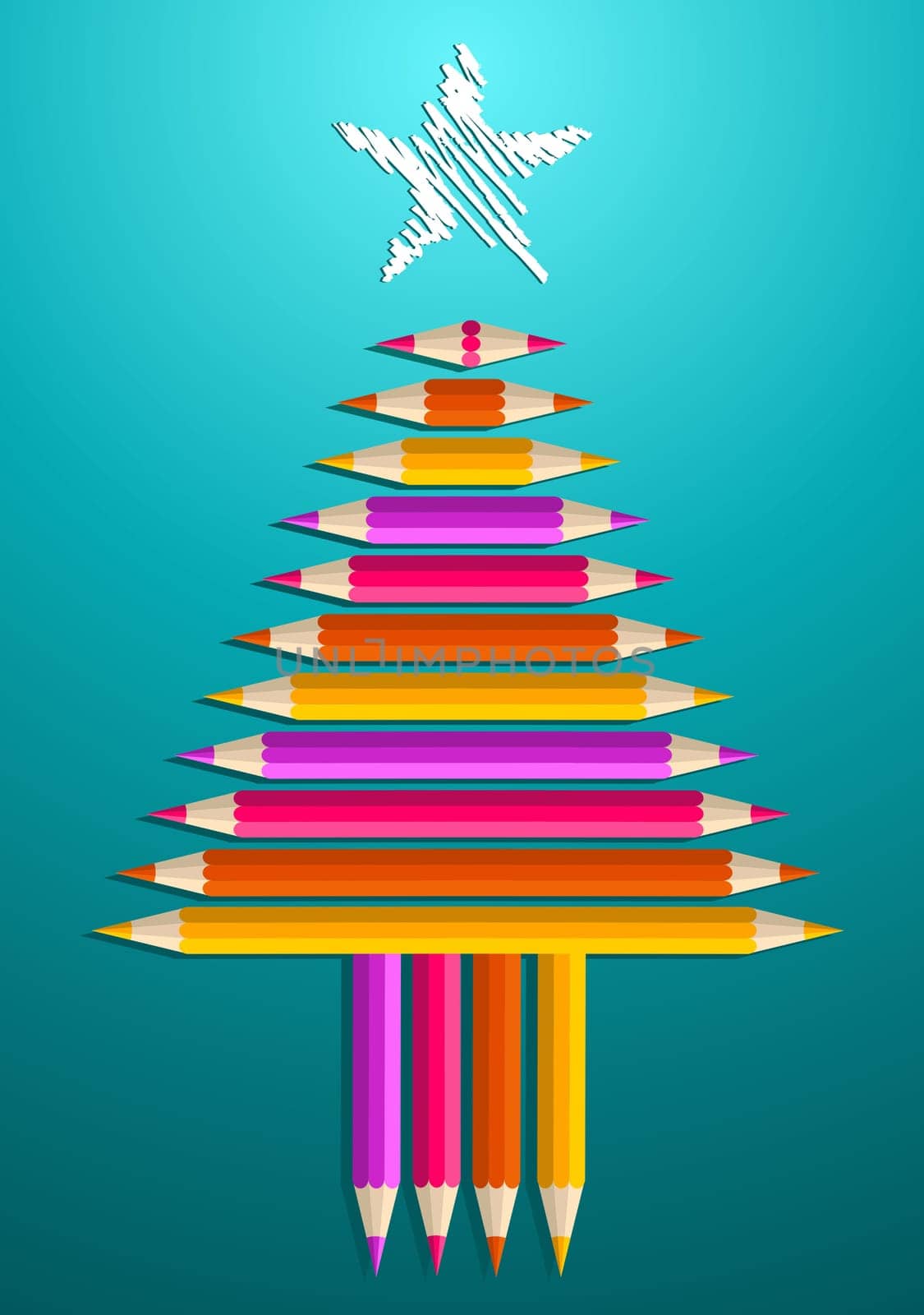 Multi colored art pencils in Christmas pine tree greeting card. Vector illustration layered for easy manipulation and custom coloring.