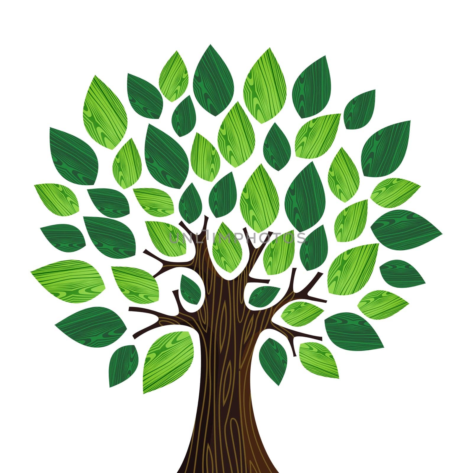 Isolated Eco friendly tree with green wooden leaves illustration. Vector file layered for easy manipulation and custom coloring.