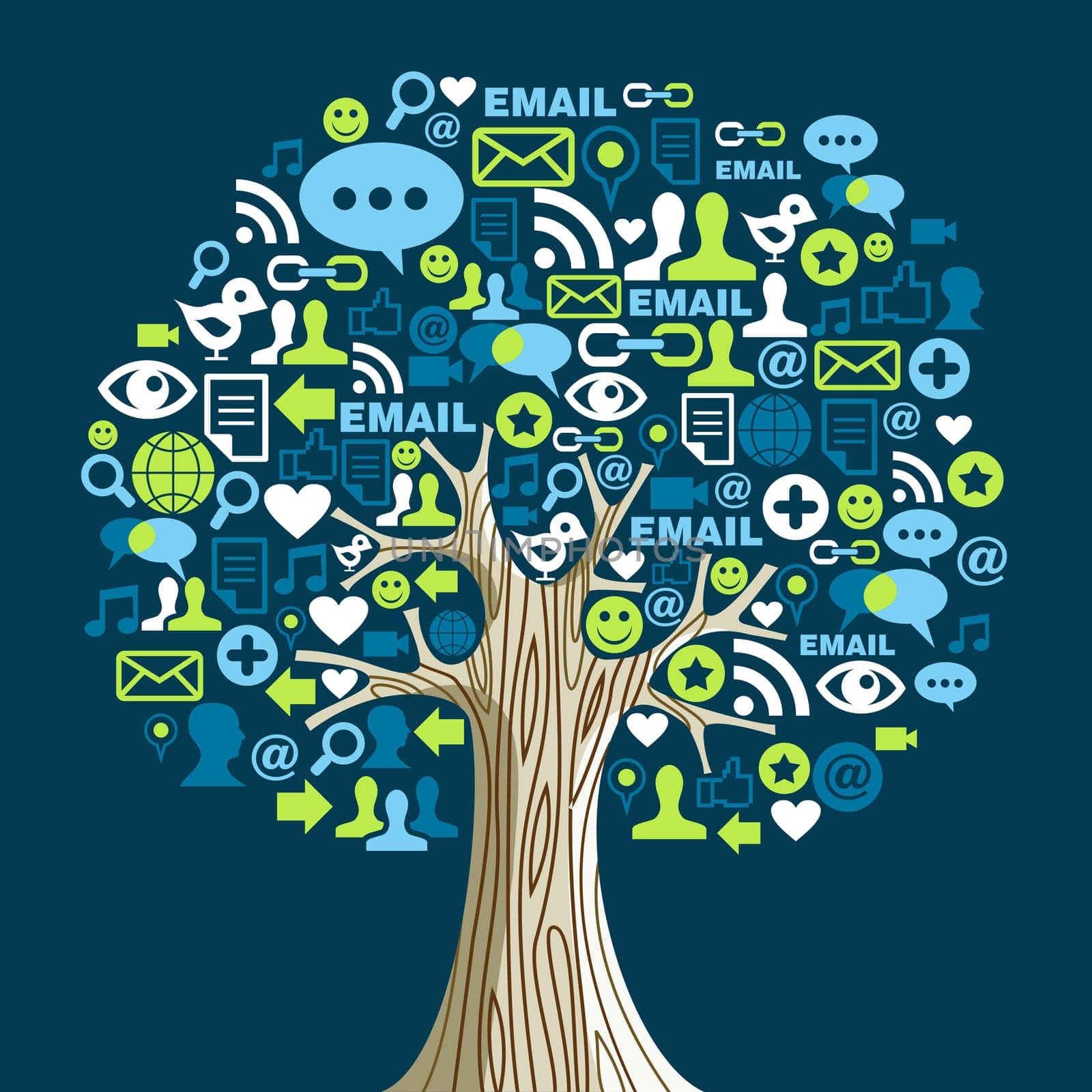 Social network tree with media icons leaves. Vector illustration layered for easy manipulation and custom coloring.