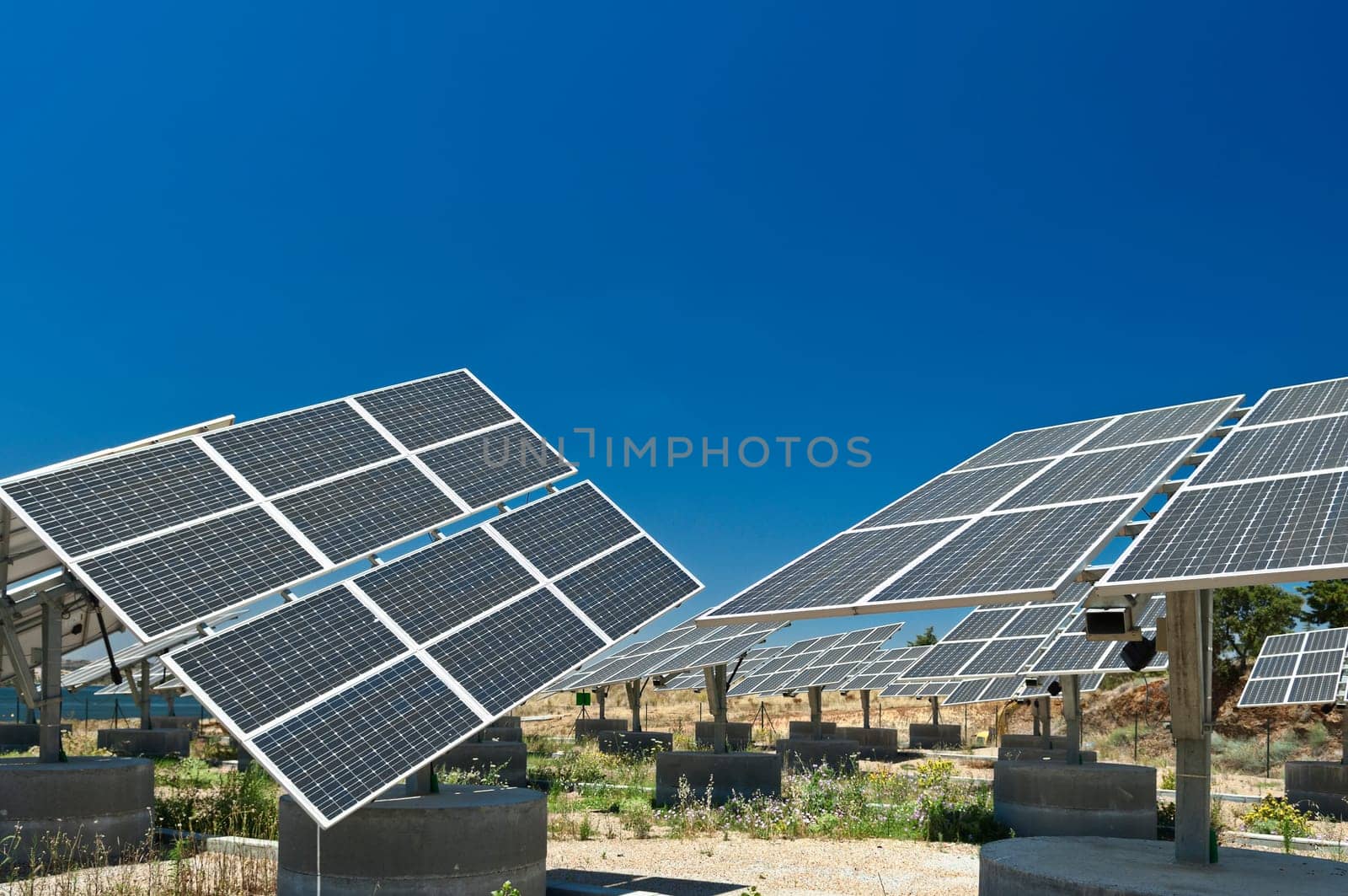Photovoltaic silicon panels with tilted single axis track system in a small solar power plant, Portugal