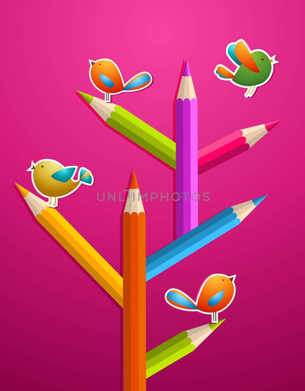 Multi colored art pencils and birds in trendy Christmas pine tree greeting card. Vector illustration layered for easy manipulation and custom coloring.