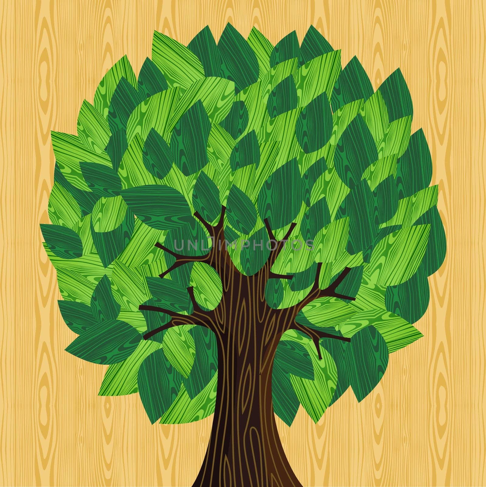 Eco friendly tree with green wooden leaves illustration. Vector file layered for easy manipulation and custom coloring.