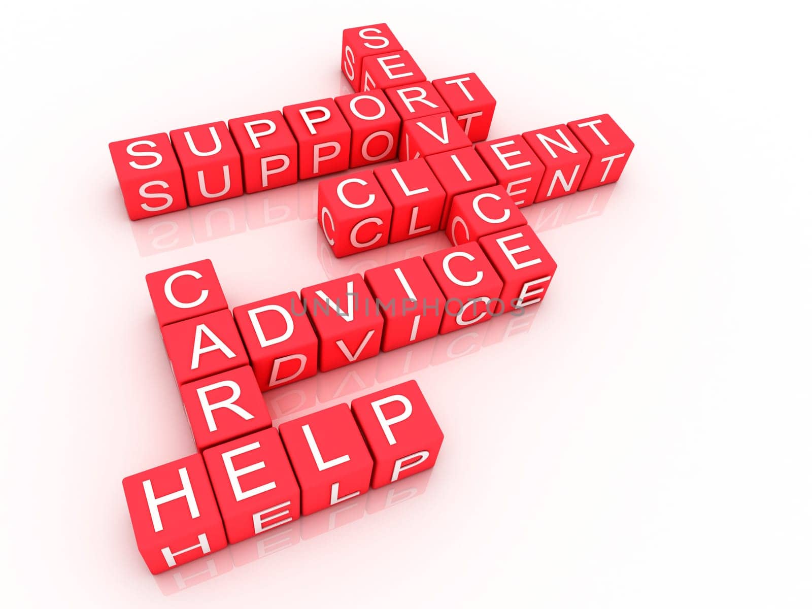 Customer support crossword on white background, 3D rendered illustration