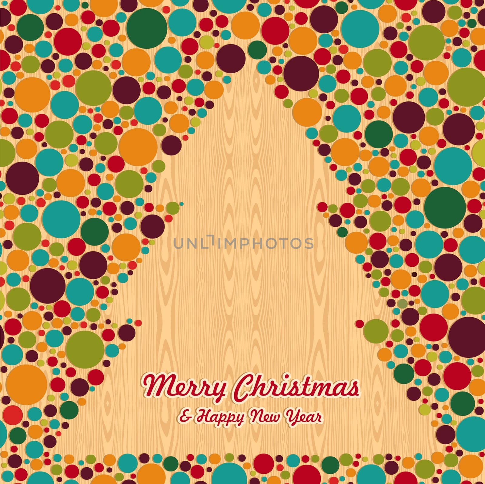 Abstract Christmas circle tree over wooden background greeting card. Vector illustration layered for easy manipulation and custom coloring.