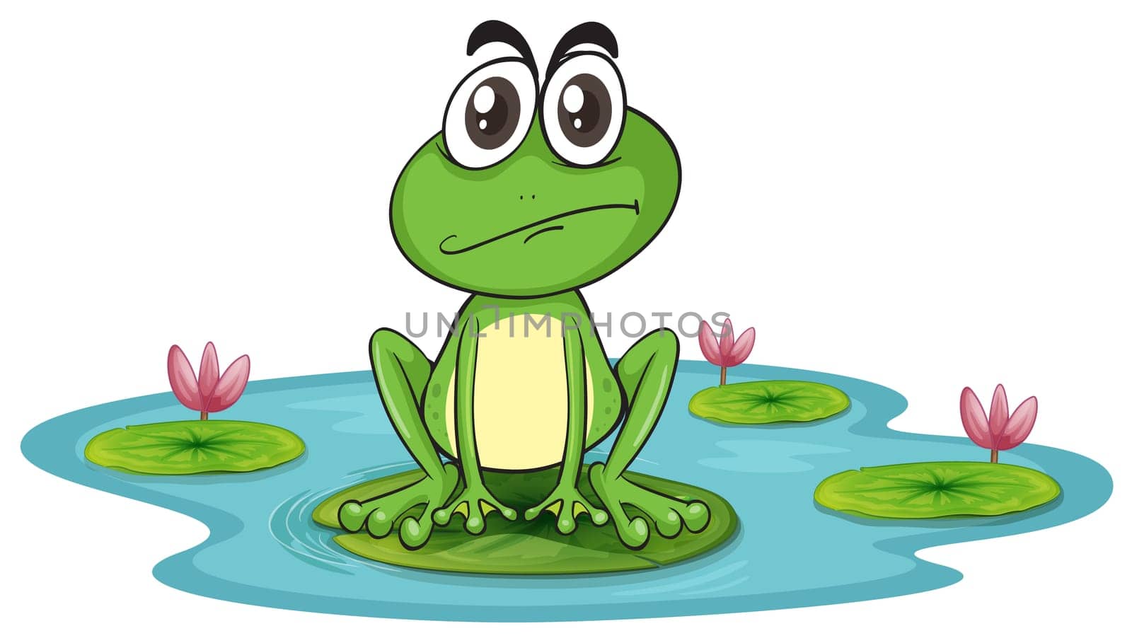 ilustration of sad and green frog in water with lotus