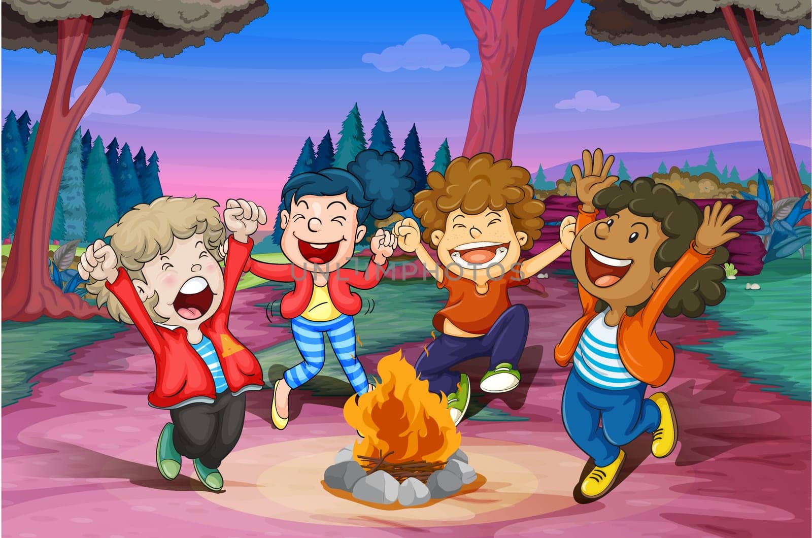 illustration of fire camp of kids in jungle