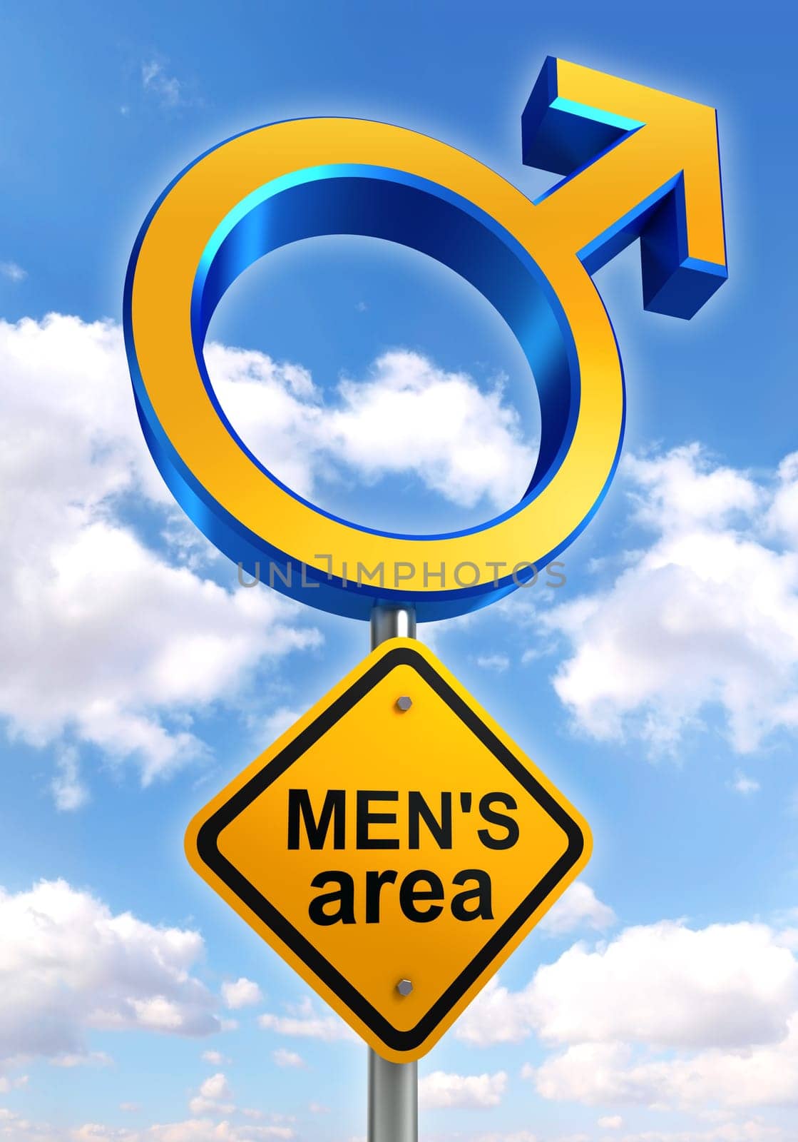 male symbol road sign with mens area text on sky background. clipping path included